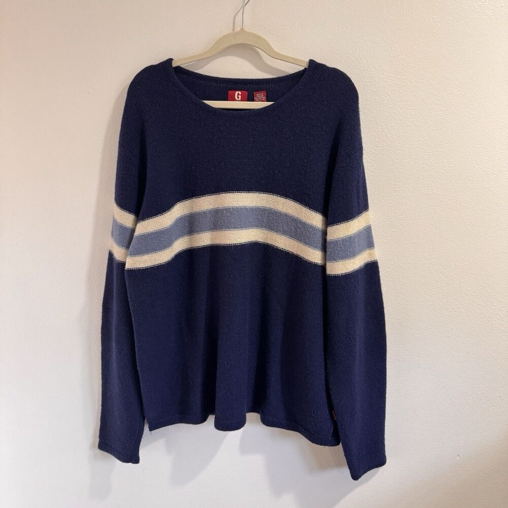 Vintage 90s Y2K Guess Sweater Mens XXL Stripe Blue White Lambswool Knit Jumper